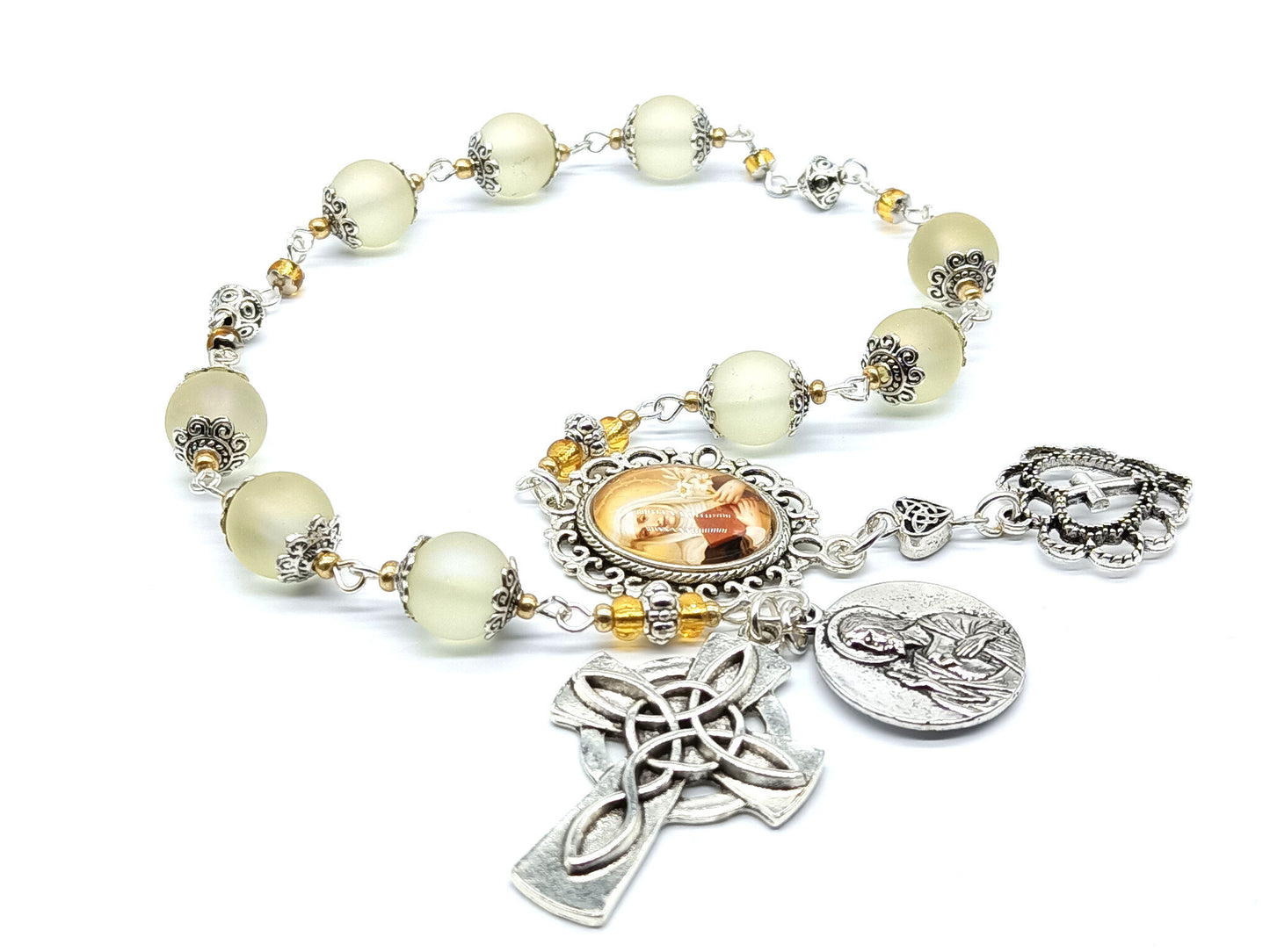 Saint Catherine of Siena unique rosary beads prayer chaplet with frosted glass beads, silver Celtic cross, picture centre medal and silver bead caps and accessories.