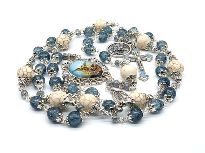 Saint Michael unique rosary beads prayer chaplet with blue glass and cream gemstone beads, silver and blue enamel crucifix, Saint Michael picture medal and silver bead caps.