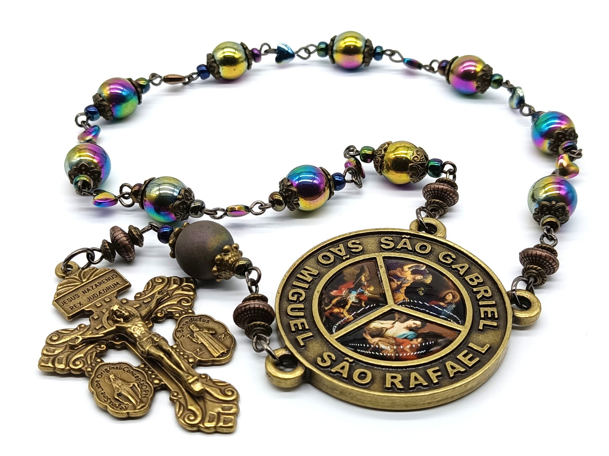 Arch Angels unique rosary beads single decade with petrol hematite beads, bronze pardon crucifix and picture centre medal.