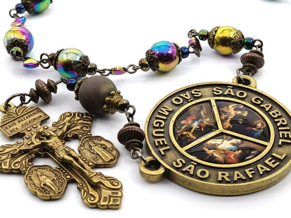 Arch Angels unique rosary beads single decade with petrol hematite beads, bronze pardon crucifix and picture centre medal.