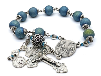 Three Heart of Jesus, Mary and Joseph unique rosary beads single decade with silver pardon crucifix, pater bead, centre medal and blue textured beads.