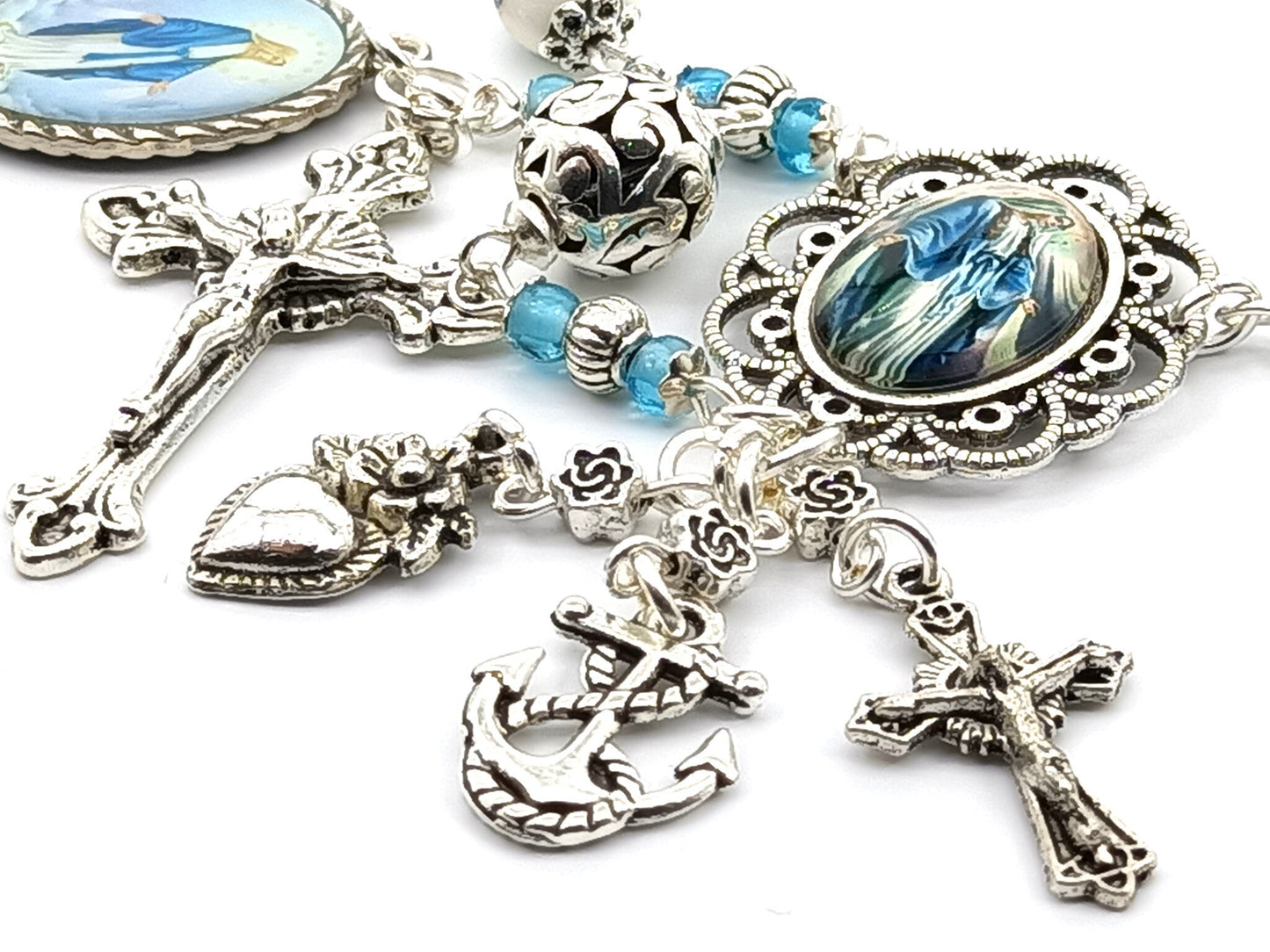 Our Lady of Grace unique rosary beads single decade with porcelain and silver beads, silver crucifix, small medals and picture centre medal.