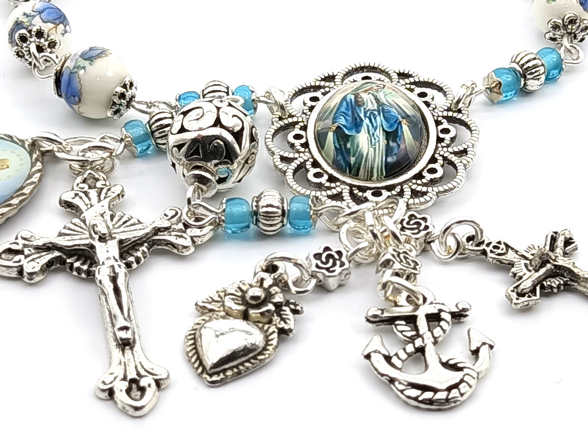 Our Lady of Grace unique rosary beads single decade with porcelain and silver beads, silver crucifix, small medals and picture centre medal.