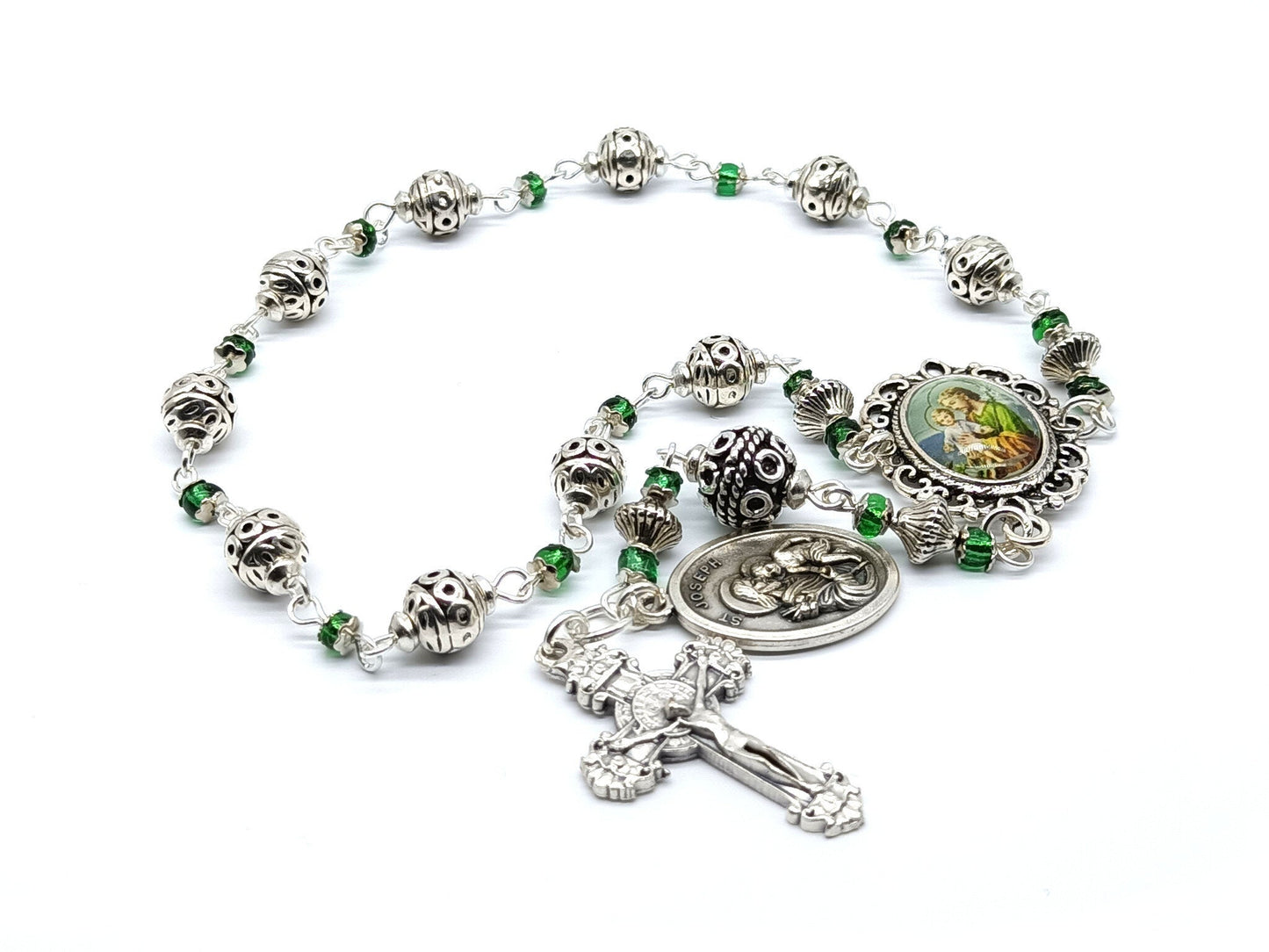 Saint Joseph unique rosary beads single decade with silver and green glass beads, silver crucifix and St. Joseph picture centre medal.