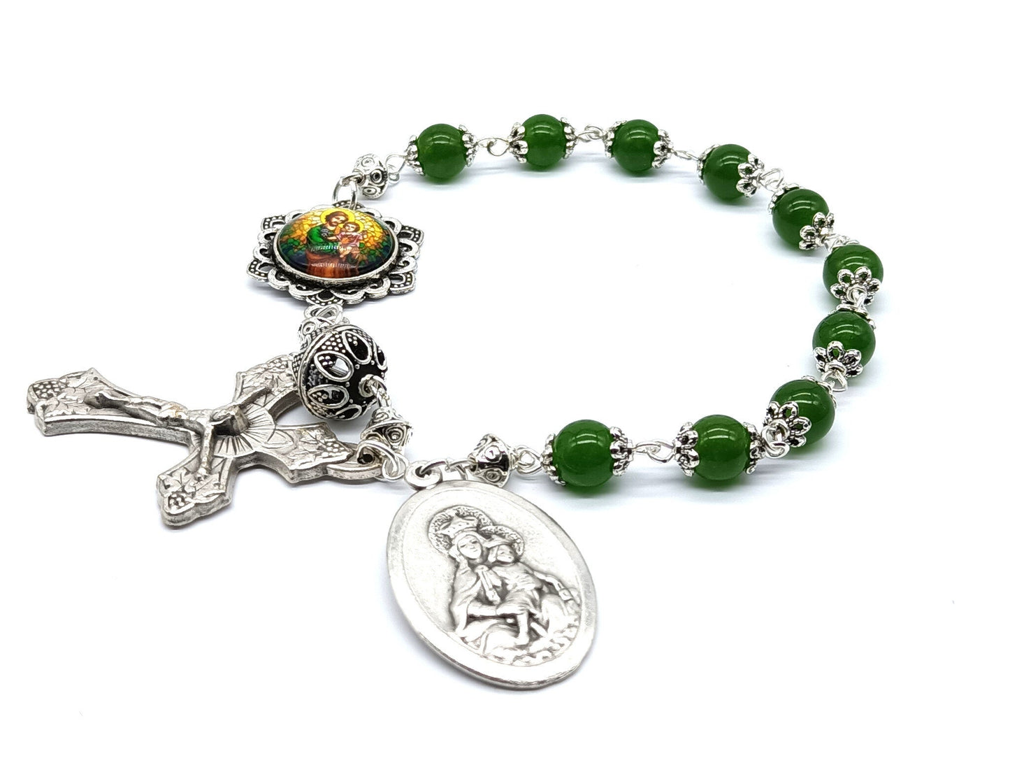 Saint Joseph unique rosary beads single decade with green gemstone beads, silver crucifix, St. Joseph picture medal and Our Lady of Mount Carmel medal.