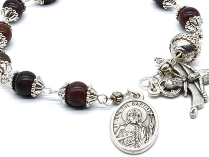 Saint John the Baptist unique rosary beads single decade with bloodstone gemstone beads, silver Trinity crucifix and St. John the Baptist medal.