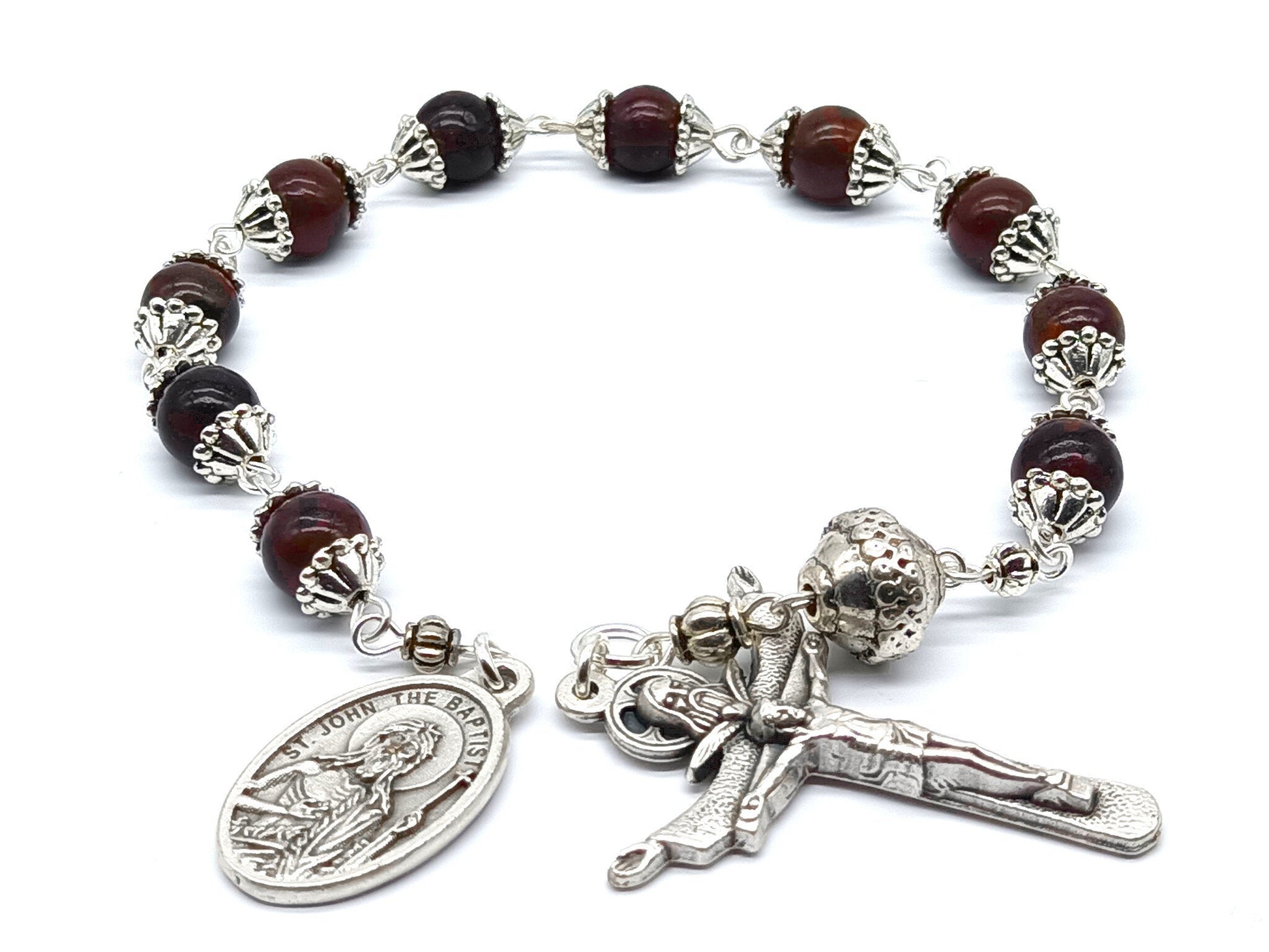 Saint John the Baptist unique rosary beads single decade with bloodstone gemstone beads, silver Trinity crucifix and St. John the Baptist medal.