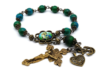 Saint Joseph unique rosary beads single decade with green gemstone beads, bronze crucifix and St. Joseph picture centre medal.