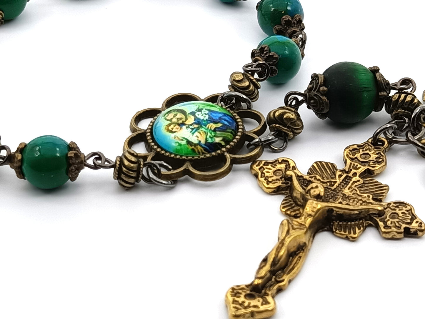 Saint Joseph unique rosary beads single decade with green gemstone beads, bronze crucifix and St. Joseph picture centre medal.