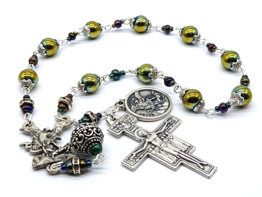 Saint Michael unique rosary beads single decade with green hematite beads, silver St. Francis crucifix, St. Michael centre medal and small medal.