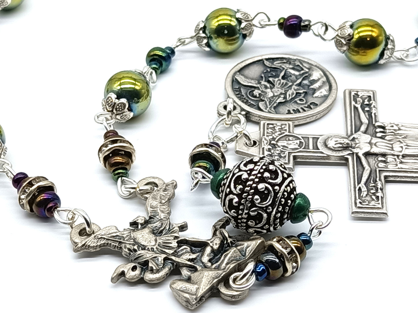 Saint Michael unique rosary beads single decade with green hematite beads, silver St. Francis crucifix, St. Michael centre medal and small medal.