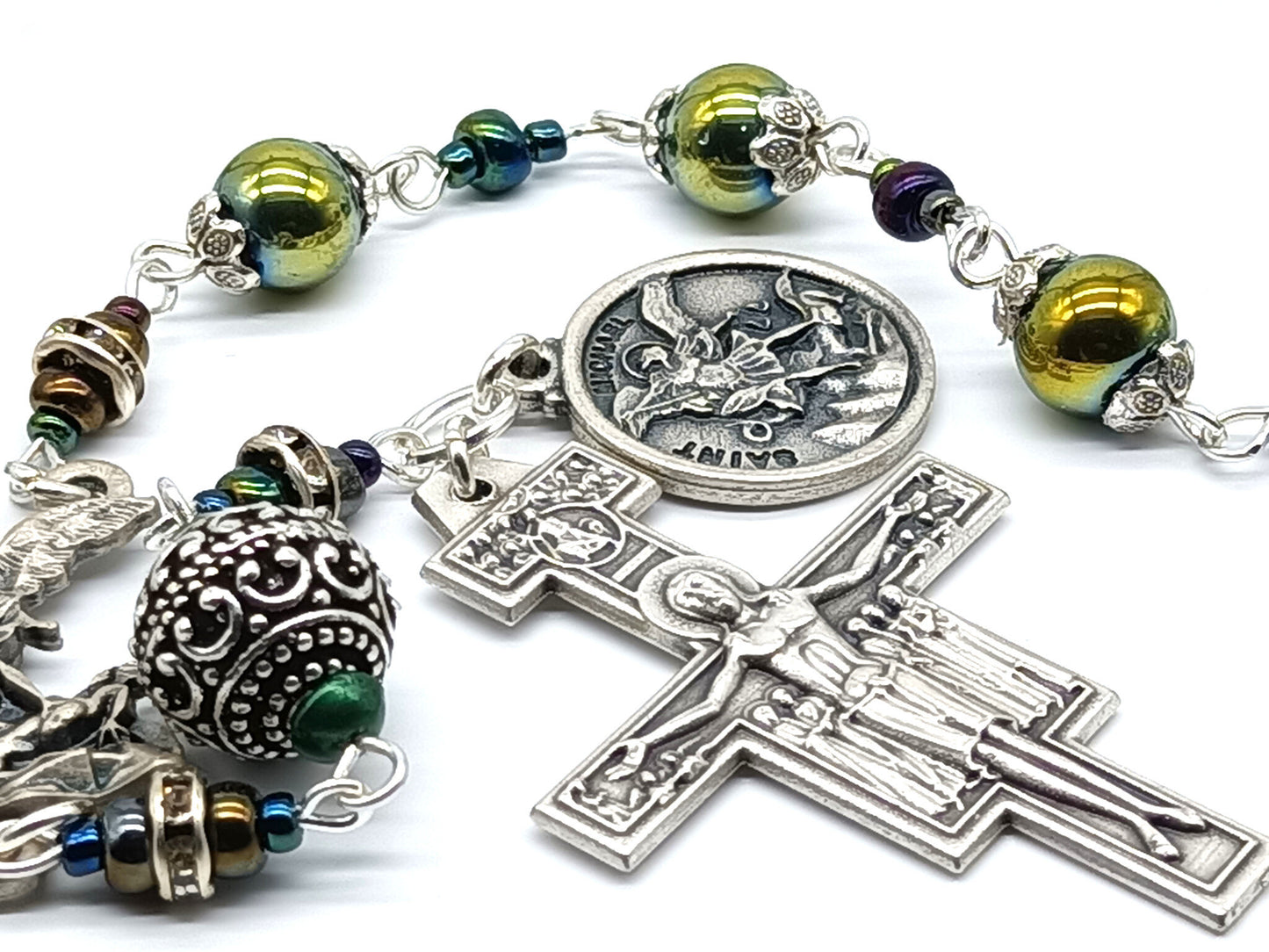 Saint Michael unique rosary beads single decade with green hematite beads, silver St. Francis crucifix, St. Michael centre medal and small medal.