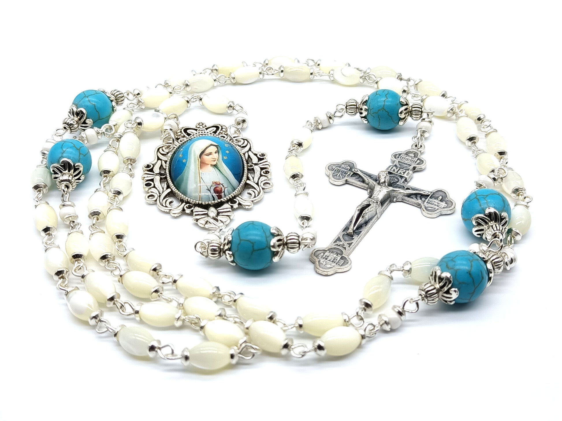 Genuine pearl unique rosary beads with Four Basilicas crucifix and silver Our Lady picture medal and blue gemstone pater beads.