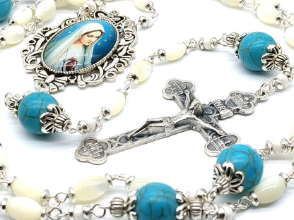 Genuine pearl unique rosary beads with Four Basilicas crucifix and silver Our Lady picture medal and blue gemstone pater beads.