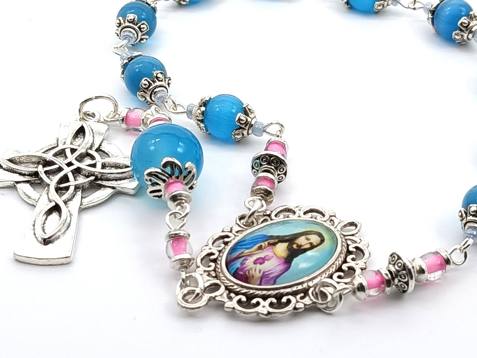 Sacred Heart unique rosary beads single decade with blue cats eyes glass beads and silver Celtic cross.