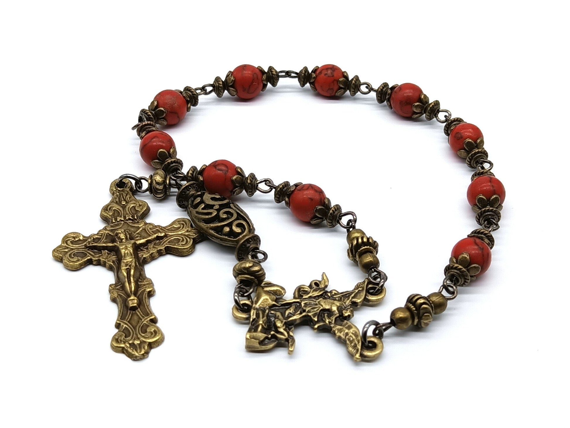 Saint Michael unique rosary beads single decade with bloodstone gemstone beads, bronze crucifix, St. Michael centre medal and bead caps.