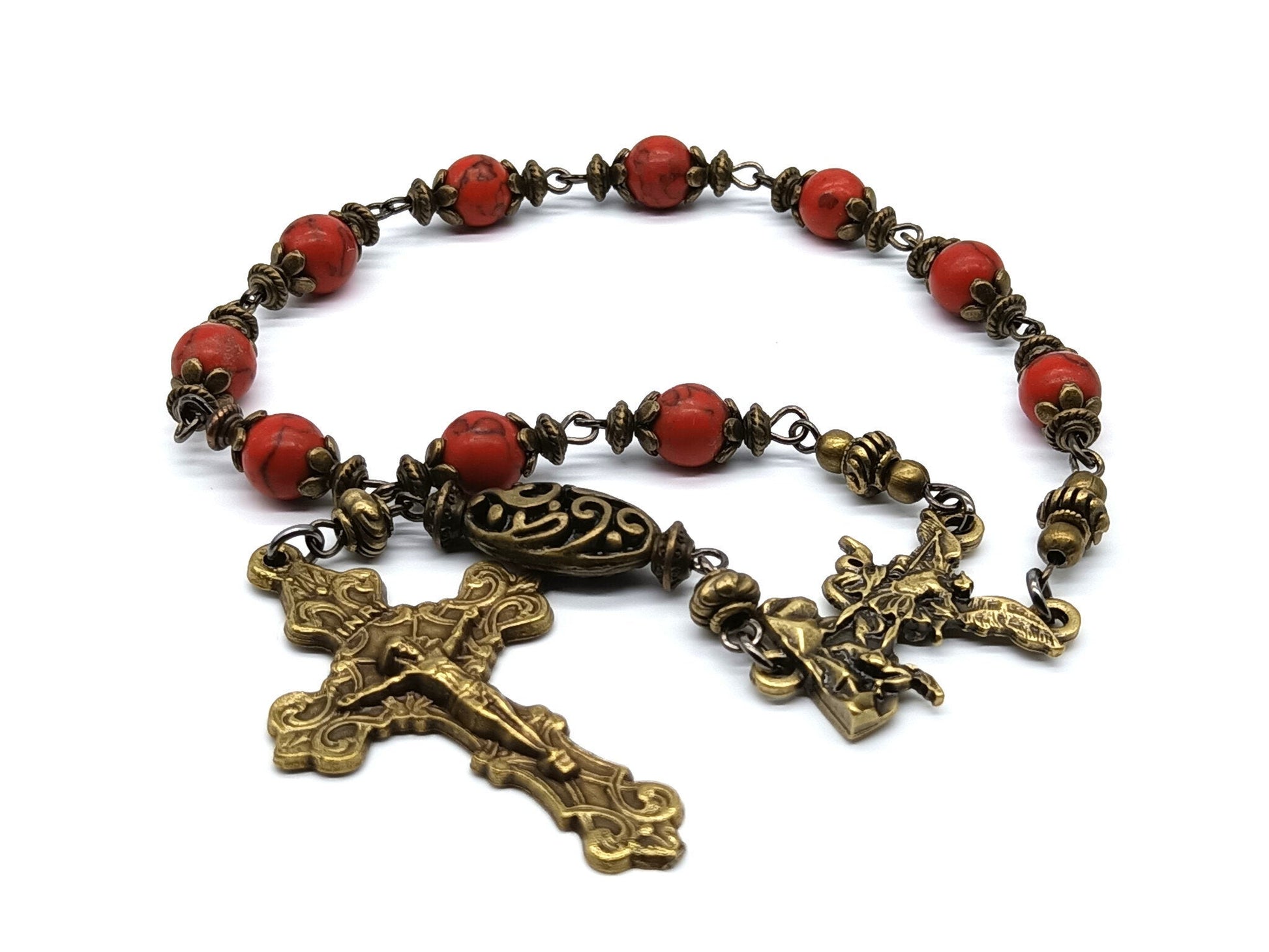 Saint Michael unique rosary beads single decade with bloodstone gemstone beads, bronze crucifix, St. Michael centre medal and bead caps.