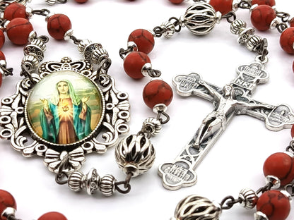 Immaculate Heart unique rosary beads with red gemstone beads, silver lattice pater beads, Four Basilicas crucifix and Our Lady picture centre medal.
