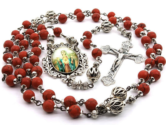 Immaculate Heart unique rosary beads with red gemstone beads, silver lattice pater beads, Four Basilicas crucifix and Our Lady picture centre medal.