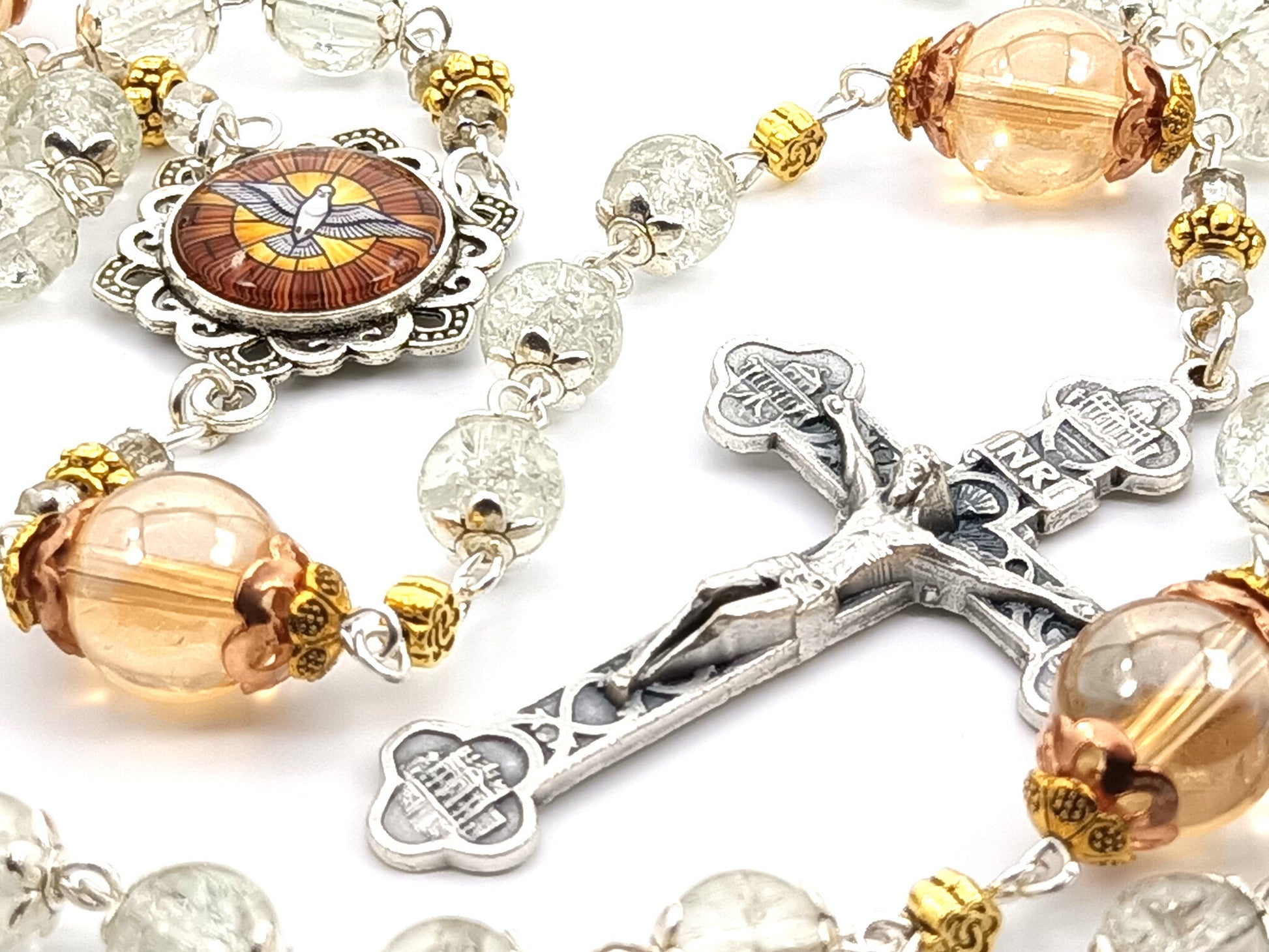 Confirmation unique rosary beads with clear and copper glass beads, Four Basilicas crucifix and silver picture Holy Spirit centre medal.