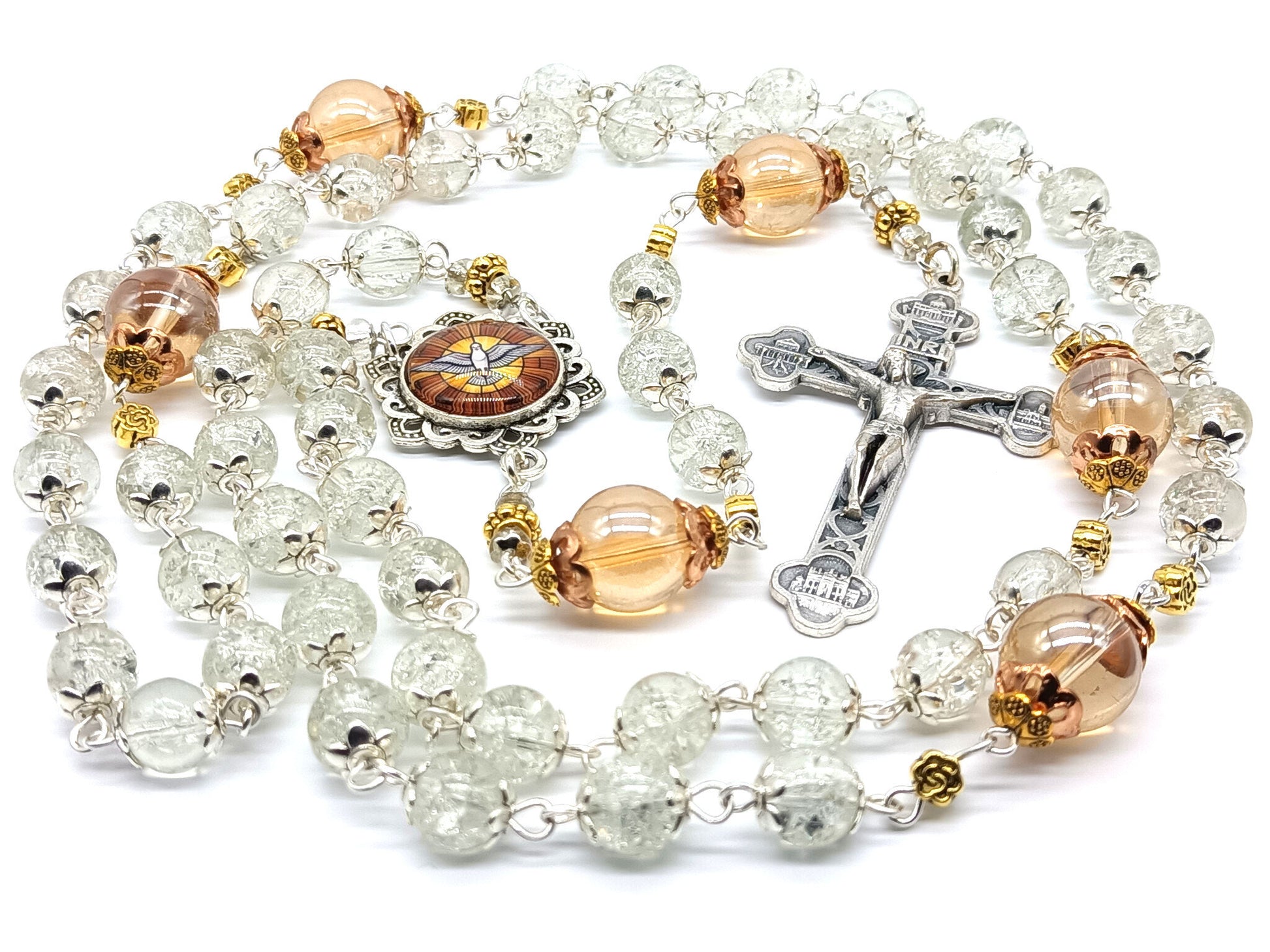 Confirmation unique rosary beads with clear and copper glass beads, Four Basilicas crucifix and silver picture Holy Spirit centre medal.