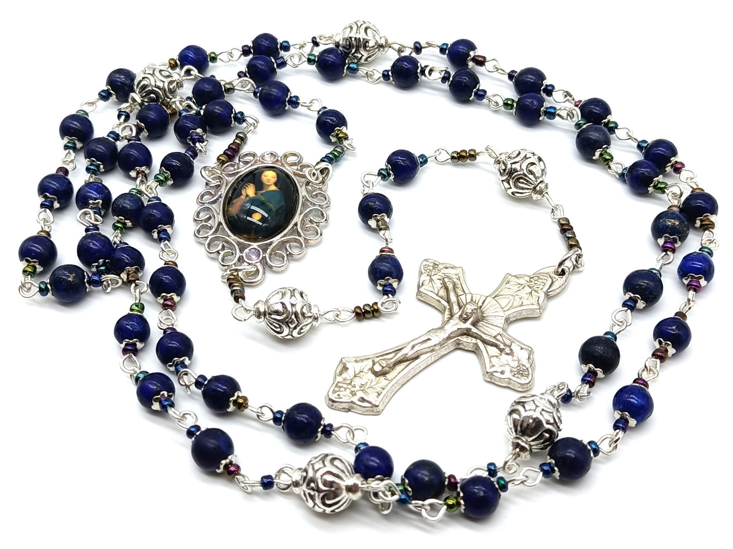 Lapis Lazuli unique rosary beads with silver crucifix, pater beads and Virgin Mary picture centre medal.