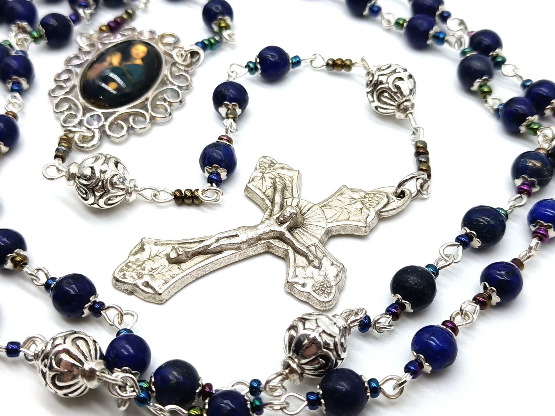 Lapis Lazuli unique rosary beads with silver crucifix, pater beads and Virgin Mary picture centre medal.