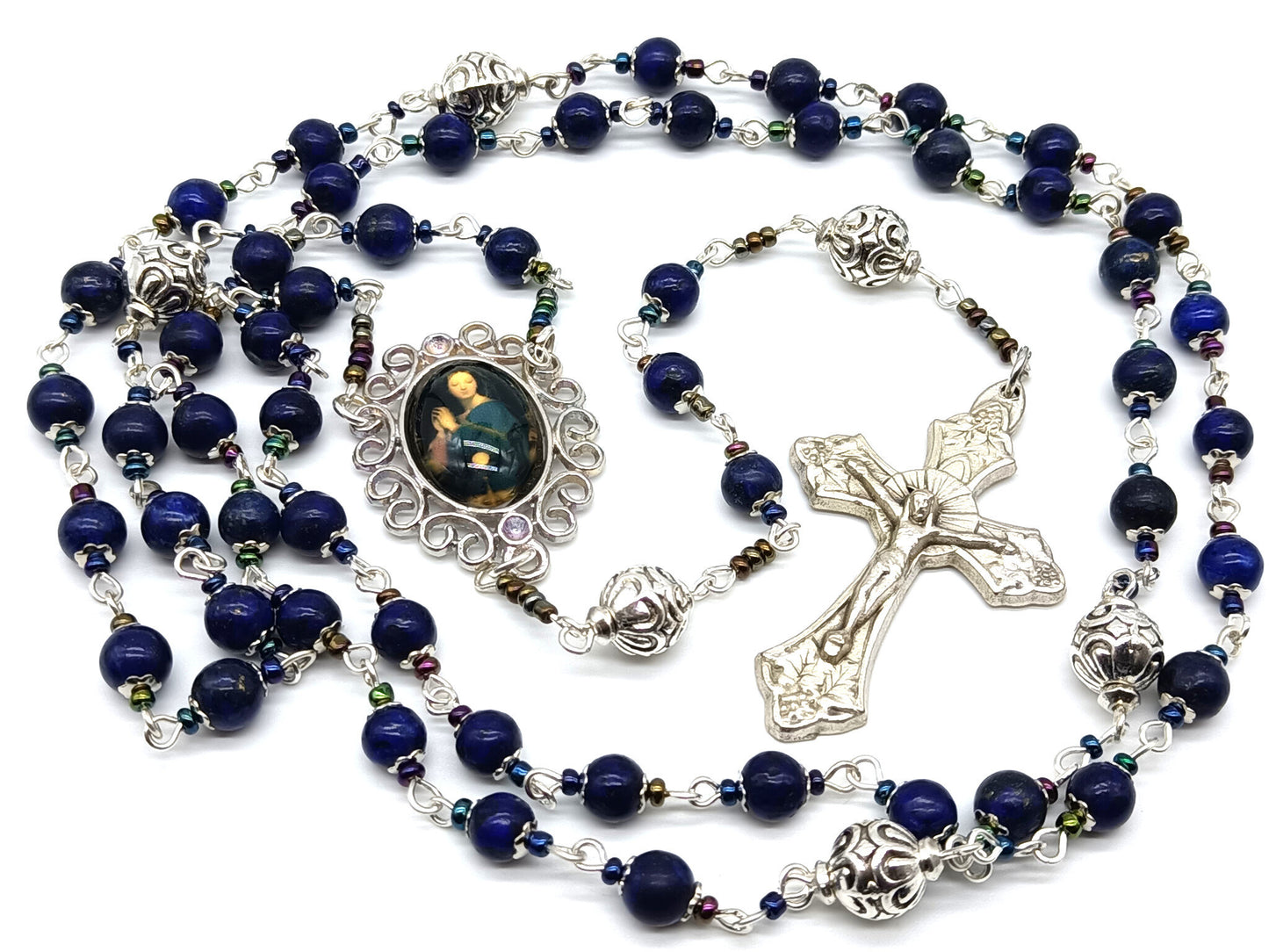 Lapis Lazuli unique rosary beads with silver crucifix, pater beads and Virgin Mary picture centre medal.