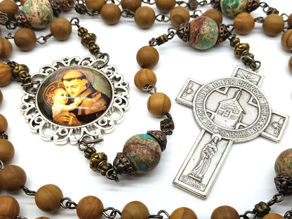 Saint Anthony of Padua gemstone unique rosary beads with Saint Francis blessing crucifix and silver Saint Anthony picture centre medal.