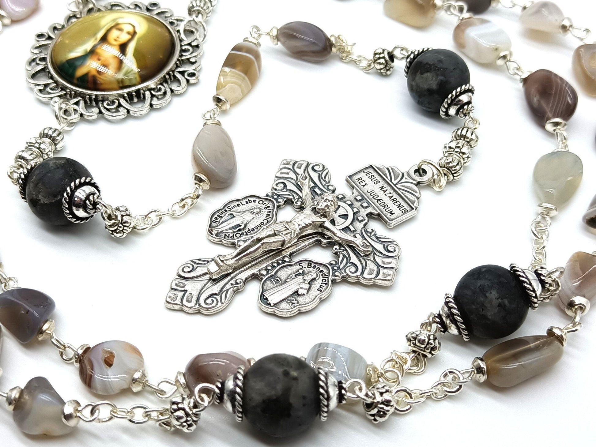 Agate gemstone unique rosary beads with silver pardon crucifix and Immaculate heart picture centre medal.