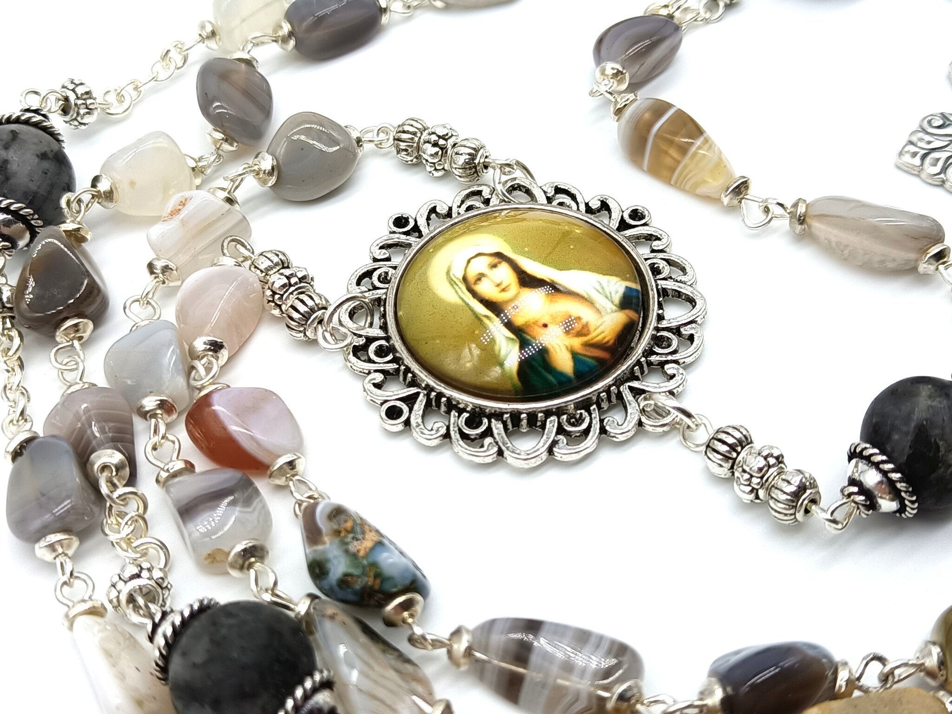 Agate gemstone unique rosary beads with silver pardon crucifix and Immaculate heart picture centre medal.