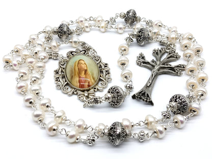 Genuine pearl unique rosary beads with dog wood crucifix, silver Our Ladys fiat picture medal and silver pater beads.