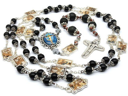 Way of the Cross unique rosary beads chaplet with onyx beads, silver picture medals, crucifix, picture centre medal and bead caps.