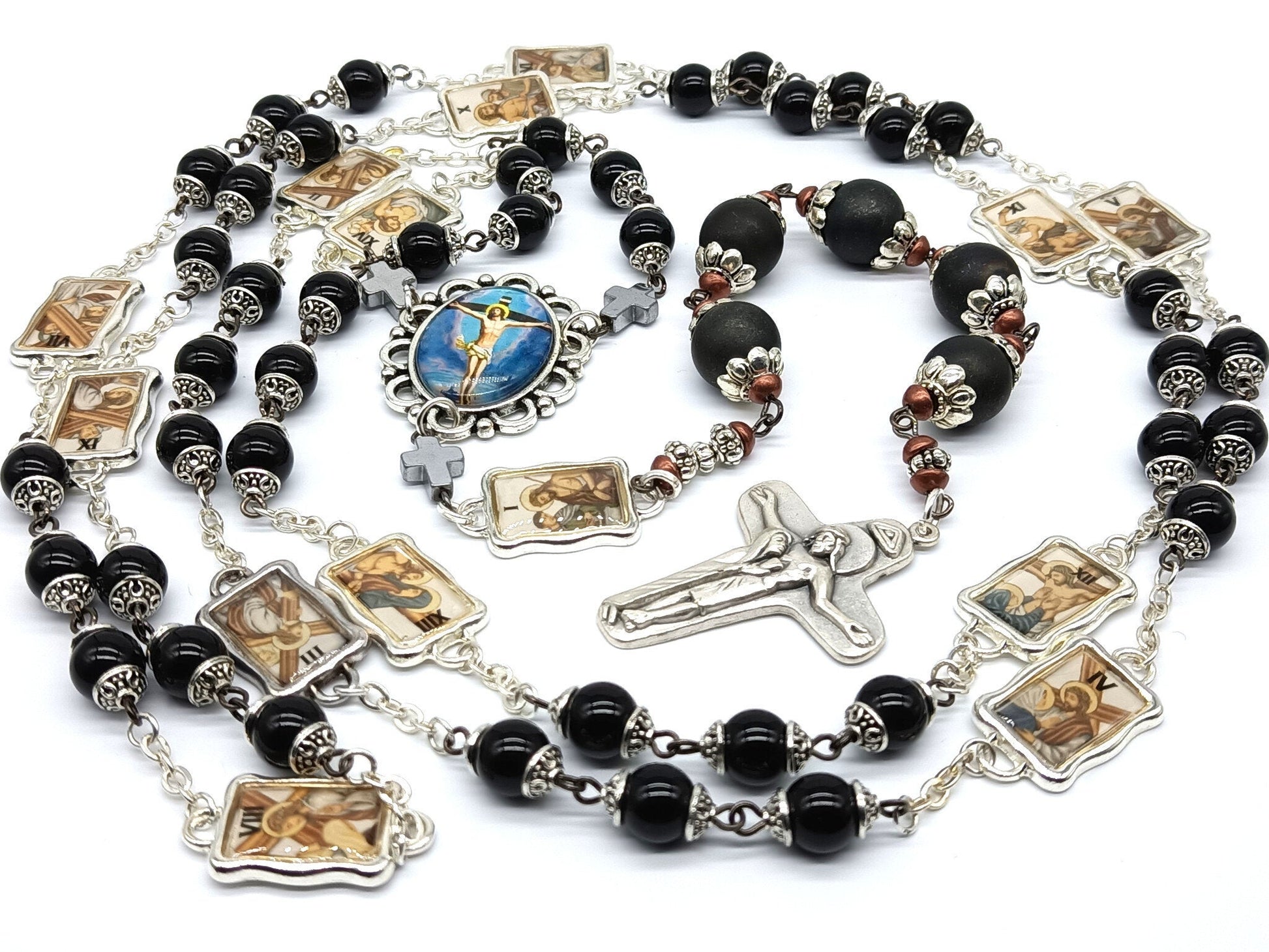 Way of the Cross unique rosary beads chaplet with onyx beads, silver picture medals, crucifix, picture centre medal and bead caps.