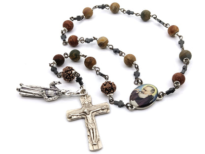 Saint Padre Pio unique rosary beads single decade rosary with gemstone and copper beads, silver Trinity crucifix and Padre Pio medal.