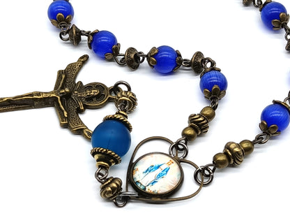 Our Lady of Grace unique rosary beads single decade with blue glass beads and bronze Trinity crucifix, picture medal and small beads.