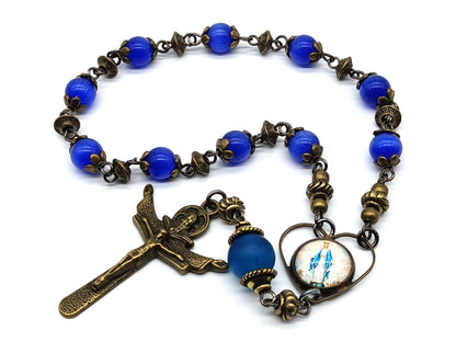 Our Lady of Grace unique rosary beads single decade with blue glass beads and bronze Trinity crucifix, picture medal and small beads.