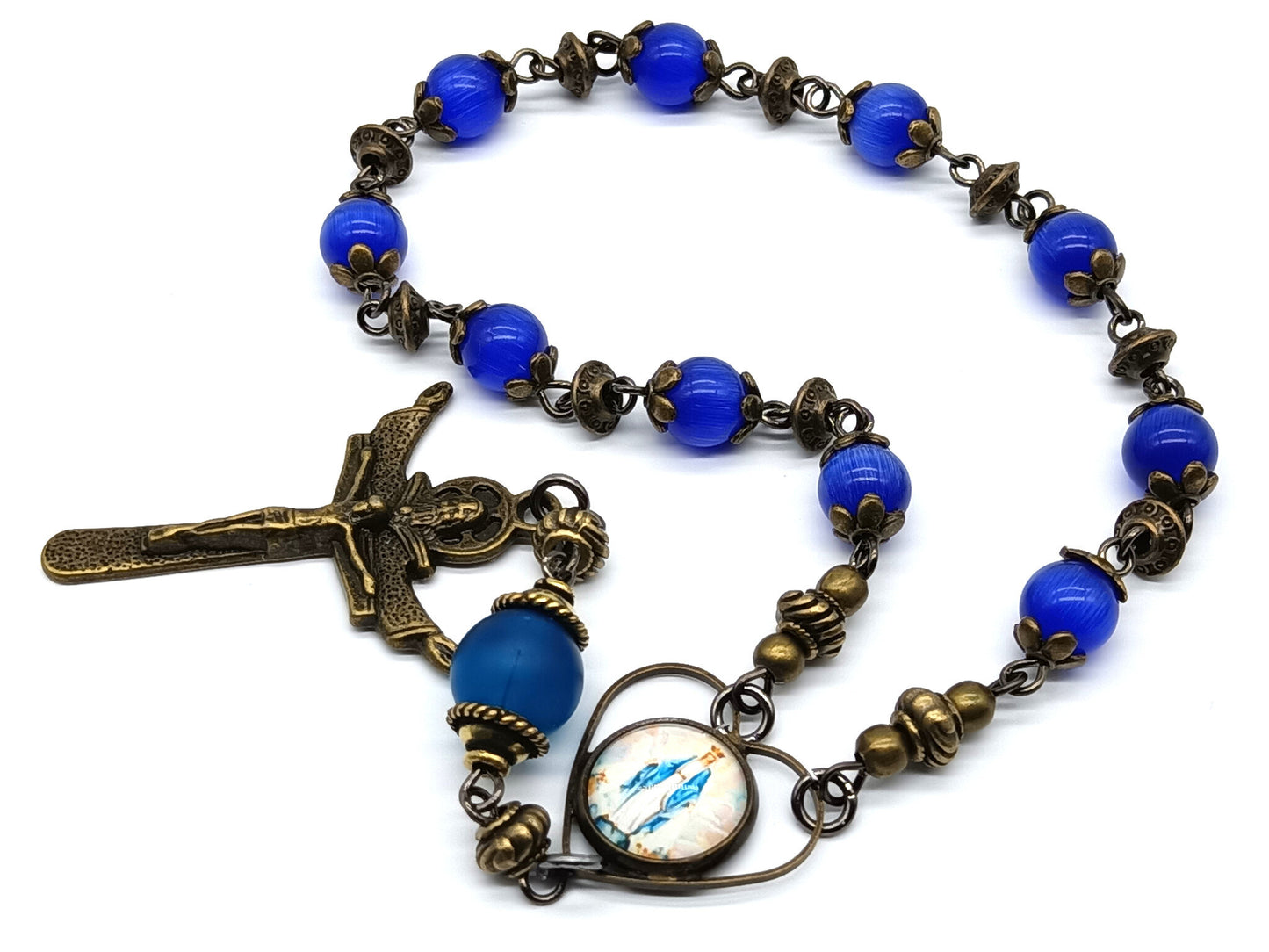 Our Lady of Grace unique rosary beads single decade with blue glass beads and bronze Trinity crucifix, picture medal and small beads.
