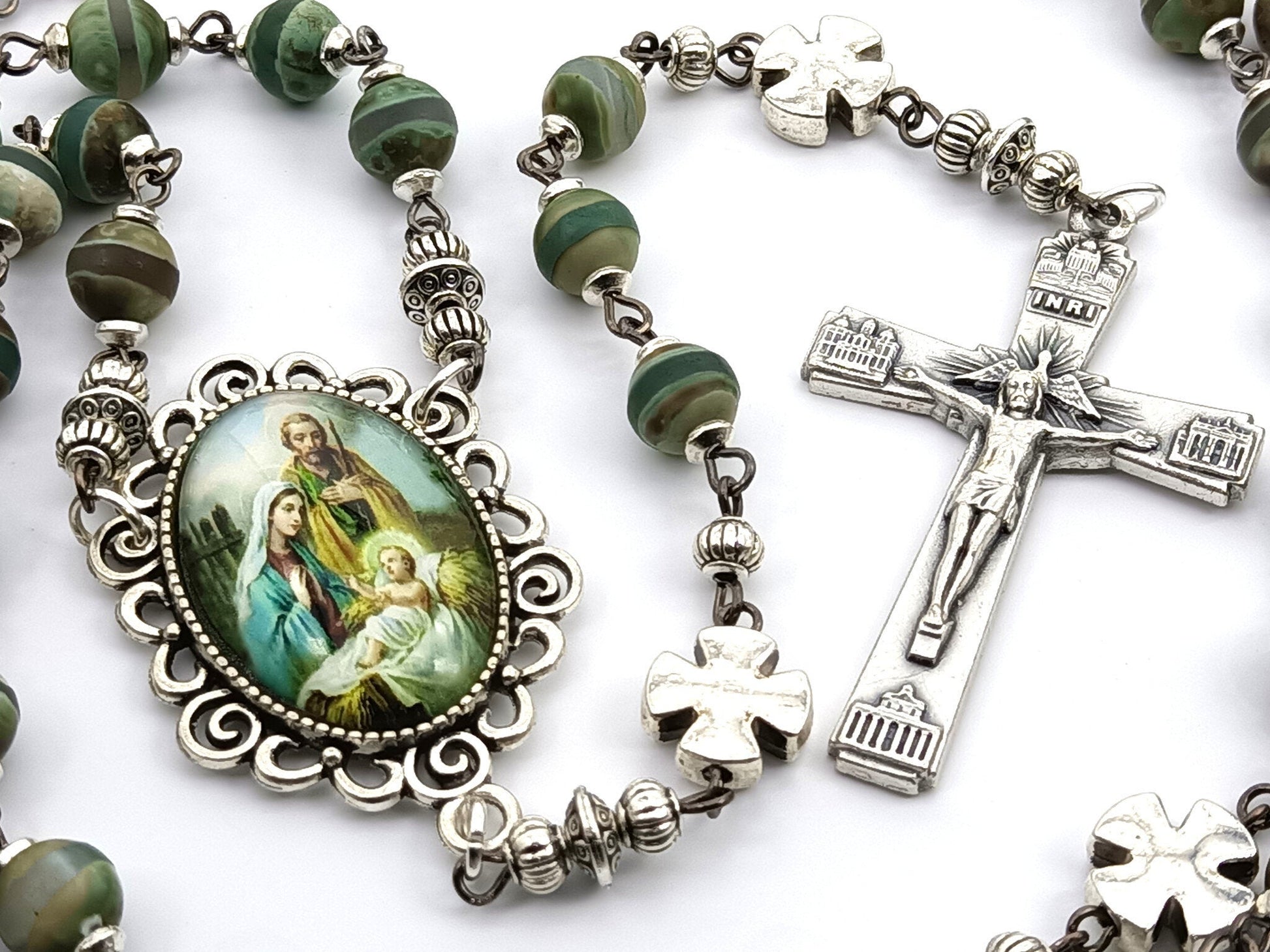 Holy Family unique rosary beads with green gemstone beads, silver cross pater beads, silver crucifix and picture centre medal. 