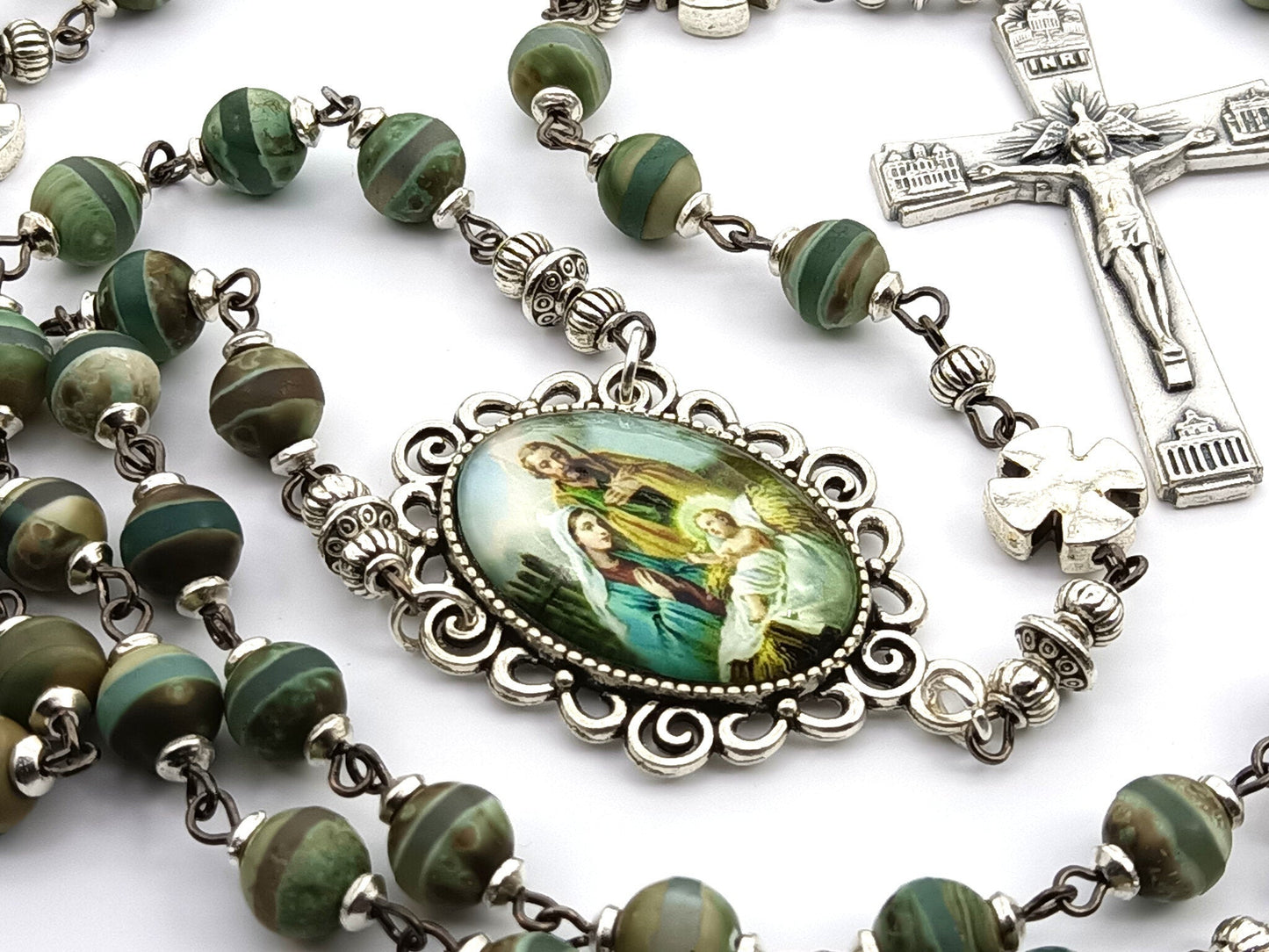 Holy Family unique rosary beads with green gemstone beads, silver cross pater beads, silver crucifix and picture centre medal. 