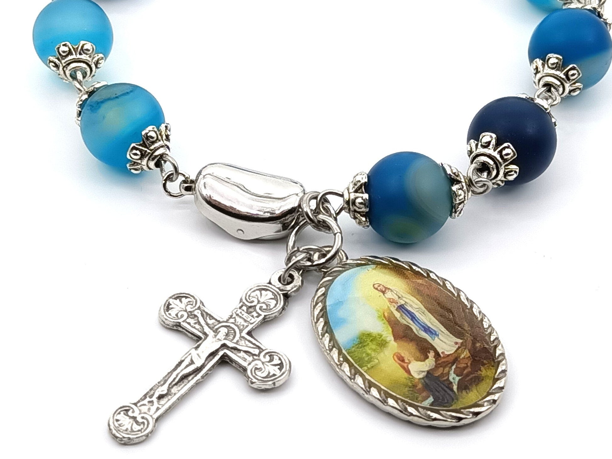 Our Lady of Lourdes unique rosary beads single decade bracelet with blue gemstone beads with silver crucifix, picture medal and 925 silver clasp.