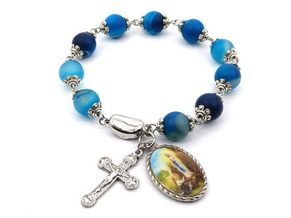 Our Lady of Lourdes unique rosary beads single decade bracelet with blue gemstone beads with silver crucifix, picture medal and 925 silver clasp.