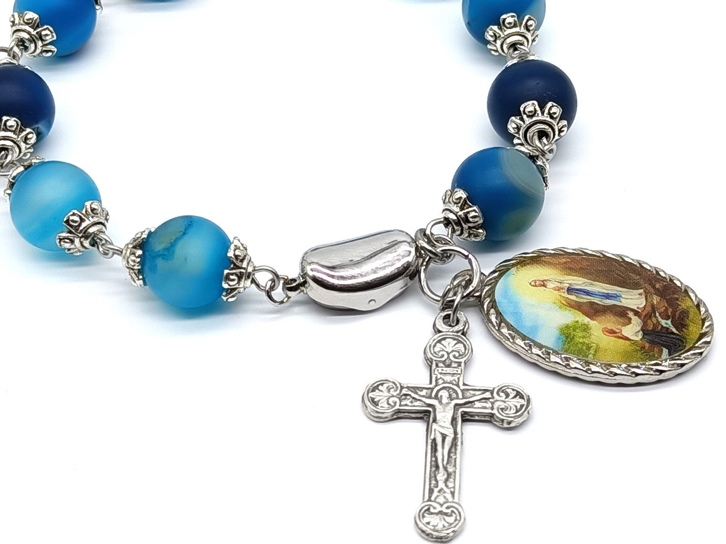 Our Lady of Lourdes unique rosary beads single decade bracelet with blue gemstone beads with silver crucifix, picture medal and 925 silver clasp.