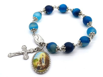 Our Lady of Lourdes unique rosary beads single decade bracelet with blue gemstone beads with silver crucifix, picture medal and 925 silver clasp.