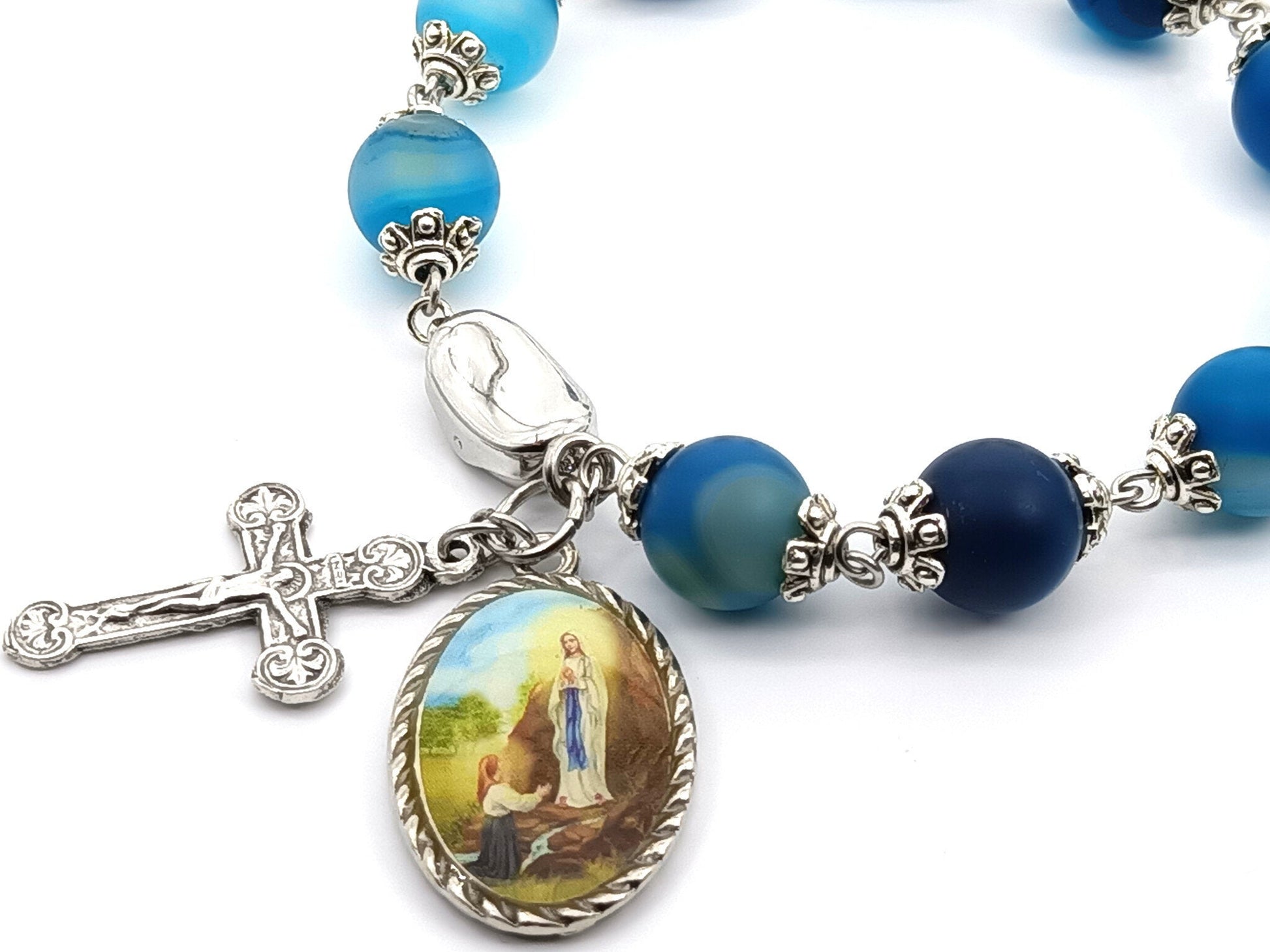 Our Lady of Lourdes unique rosary beads single decade bracelet with blue gemstone beads with silver crucifix, picture medal and 925 silver clasp.