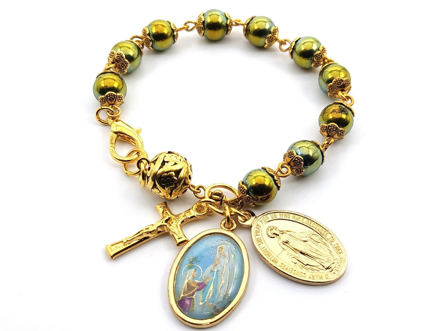 Our Lady of Lourdes unique rosary beads single decade bracelet with green hematite and gold beads, crucifix, picture medal and miraculous medal.