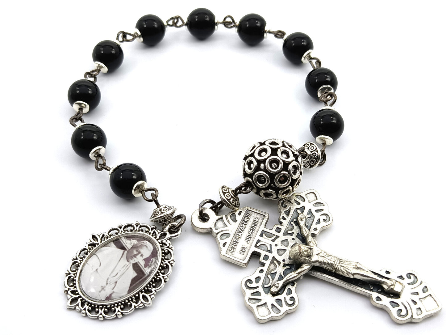 Saint Pius X unique rosary beads single decade rosary with onyx beads, silver Pardon crucifix, pater bead and picture medal.