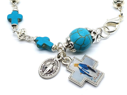 Our Lady of Grace unique rosary beads single decade bracelet with turquoise gemstone beads, silver medals and lobster clasp.