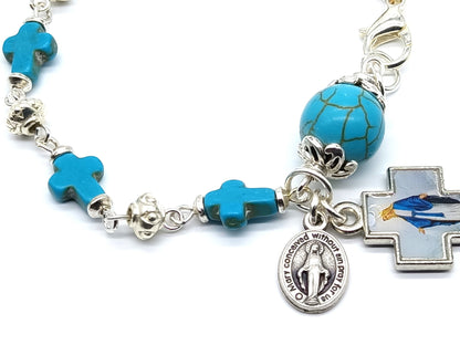 Our Lady of Grace unique rosary beads single decade bracelet with turquoise gemstone beads, silver medals and lobster clasp.