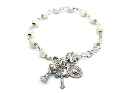 Mother of pearl unique rosary beads single decade bracelet with silver crucifix, chalice medal and miraculous medal.